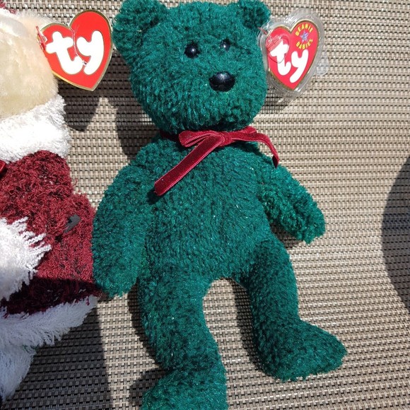 Ty Beanie Babies 2001 HOLIDAY TEDDY Green & 2000 Christmas Red Santa 8" Plush - Picture 9 of 15